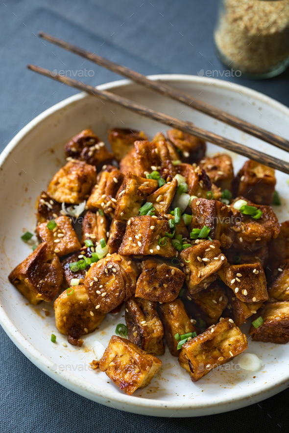 Glazed Tofu with Honey ,Soy sauce,Ginger and Chili sauce Stock Photo by